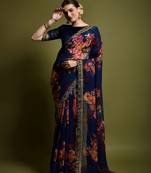 Blue Georgette Multi Flower Printed and Cut Work Embroidered Saree with Blouse