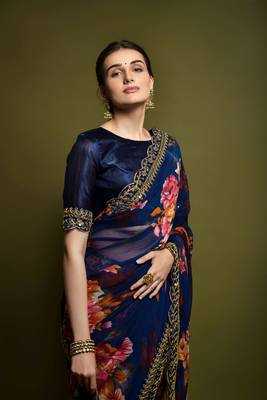 Blue Georgette Multi Flower Printed and Cut Work Embroidered Saree with Blouse 2