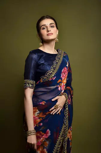 Blue Georgette Multi Flower Printed and Cut Work Embroidered Saree with Blouse
