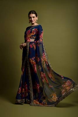 Blue Georgette Multi Flower Printed and Cut Work Embroidered Saree with Blouse 3