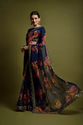 Blue Georgette Multi Flower Printed and Cut Work Embroidered Saree with Blouse