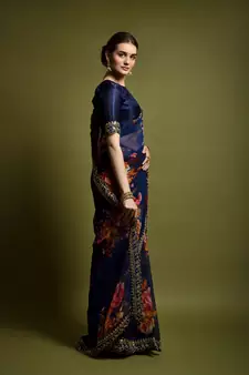 Blue Georgette Multi Flower Printed and Cut Work Embroidered Saree with Blouse