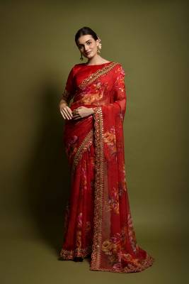 Red Flower Print And Cut Work Saree With Sequance Embroidery Work 1