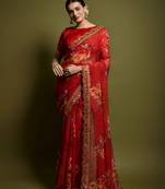 Red Flower Print And Cut Work Saree With Sequance Embroidery Work