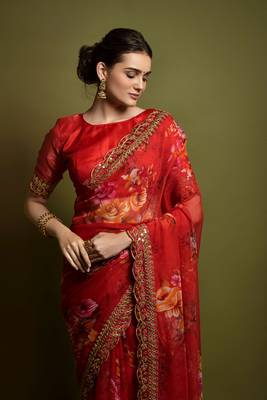 Red Flower Print And Cut Work Saree With Sequance Embroidery Work 2