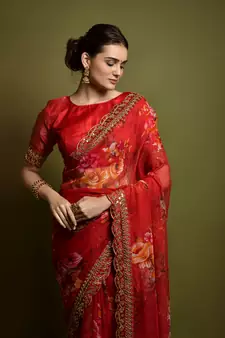 Red Flower Print And Cut Work Saree With Sequin Embroidery Work
