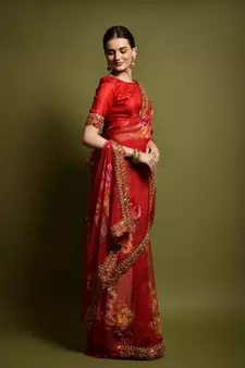 Red Flower Print And Cut Work Saree With Sequin Embroidery Work