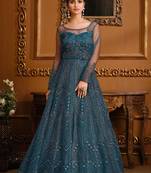 Heavy Girlish Net Fabric Partywear Anarkali Dress In Smart Teal Blue Colour