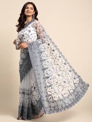 Grey Embroidered Organza Saree With Blouse 1