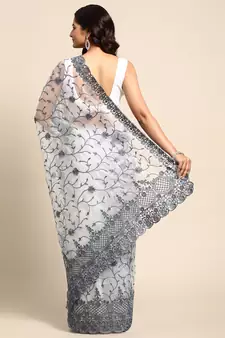 Grey Embroidered Organza Saree With Blouse