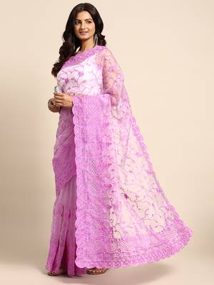 Lavender Embroidered Organza Saree With Blouse 1