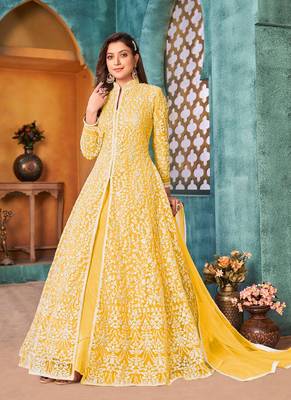 Cording And Sequance Embroidery Work Yellow Colour Anarkali Dress 1