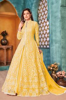 Cording And Sequance Embroidery Work Yellow Colour Designer Anarkali Dress