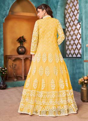 Cording And Sequance Embroidery Work Yellow Colour Anarkali Dress 2