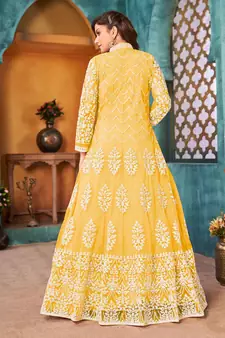 Cording And Sequance Embroidery Work Yellow Colour Anarkali Dress
