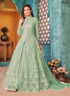 Cording And Sequance Embroidery Work Green Colour Designer Anarkali Dress 1