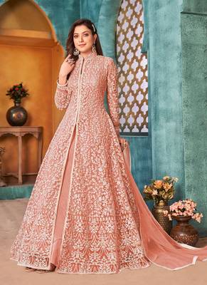 Cording And Sequance Embroidery Work Peach Colour Designer Anarkali Dress 1