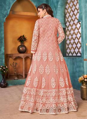 Cording And Sequance Embroidery Work Peach Colour Designer Anarkali Dress 2