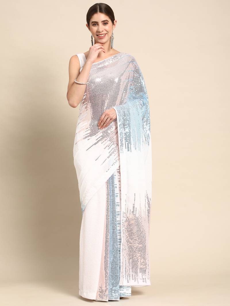 White plain georgette saree with blouse