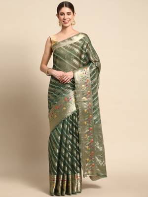 Dark Green Woven Organza Saree With Blouse 1