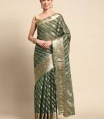 Dark Green Woven Organza Saree With Blouse