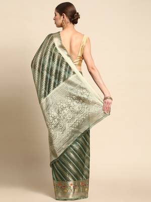 Dark Green Woven Organza Saree With Blouse 2