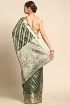 Dark Green Woven Organza Saree With Blouse