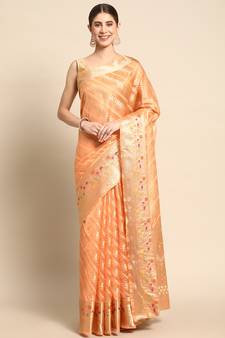 Orange Woven Organza Saree With Blouse