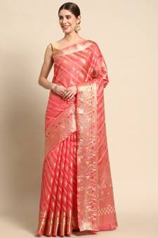 Pink Woven Organza Saree With Blouse
