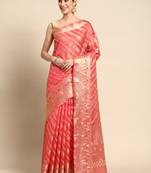 Pink Woven Organza Saree With Blouse