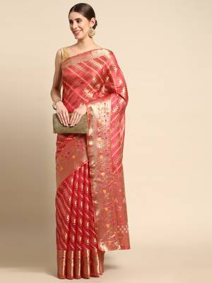 Rani Pink Woven Organza Saree With Blouse 1