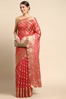 Rani Pink Woven Organza Saree With Blouse