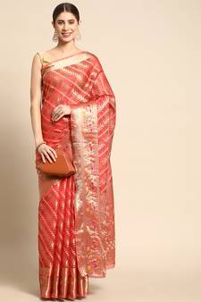 Red Woven Organza Saree With Blouse