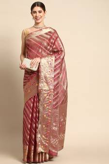 Wine Woven Organza Saree With Blouse
