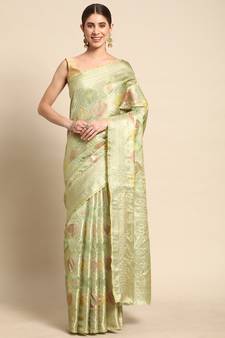 Green Woven Organza Saree With Blouse