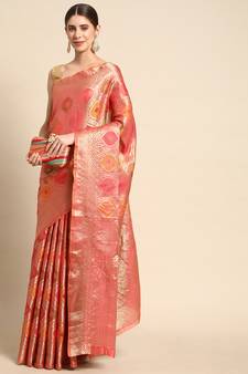 Pink Woven Organza Saree With Blouse
