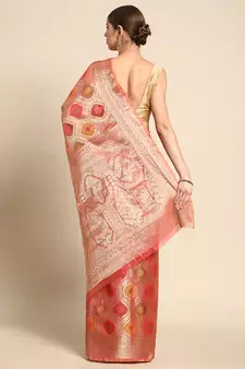 Pink Woven Organza Saree With Blouse