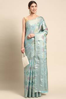 Sky Blue Woven Organza Saree With Blouse
