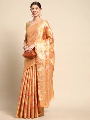Peach Woven Organza Saree With Blouse 1