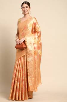 Peach Woven Organza Saree With Blouse