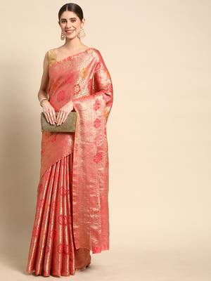 Coral Woven Organza Saree With Blouse 1