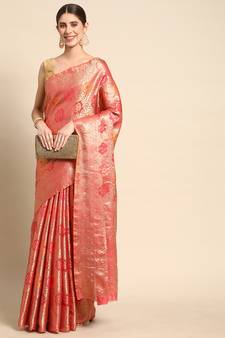Coral Woven Organza Saree With Blouse
