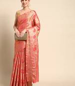 Coral Woven Organza Saree With Blouse