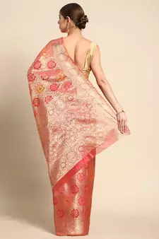 Coral Woven Organza Saree With Blouse
