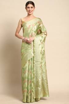 Light Green Woven Organza Saree With Blouse