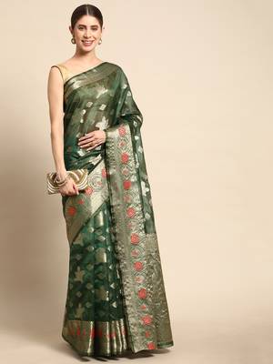 Dark Green Woven Organza Saree With Blouse 1