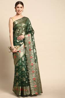 Dark Green Woven Organza Saree With Blouse