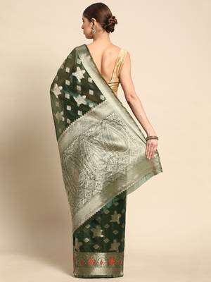 Dark Green Woven Organza Saree With Blouse 2