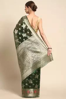 Dark Green Woven Organza Saree With Blouse