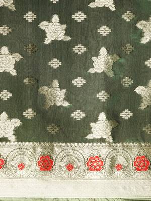 Dark Green Woven Organza Saree With Blouse 3